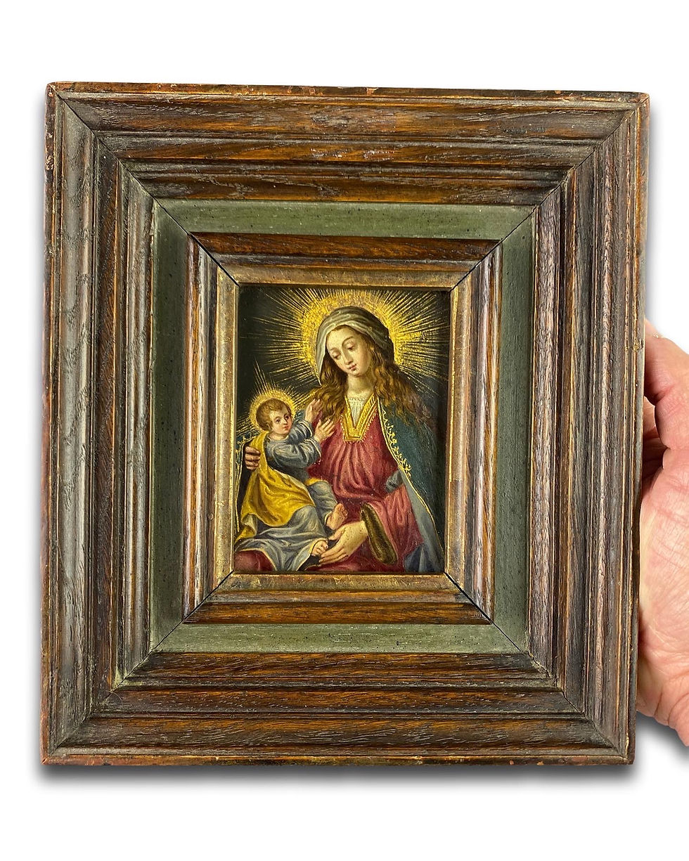 Thumbnail: Cabinet painting of the virgin & child. Spanish, mid 17th century.
