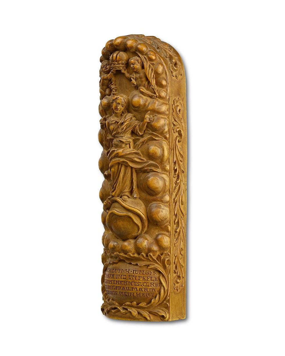 Thumbnail: Pilgrims retable in finely carved boxwood. Germany, Bohemia, early 18th century.