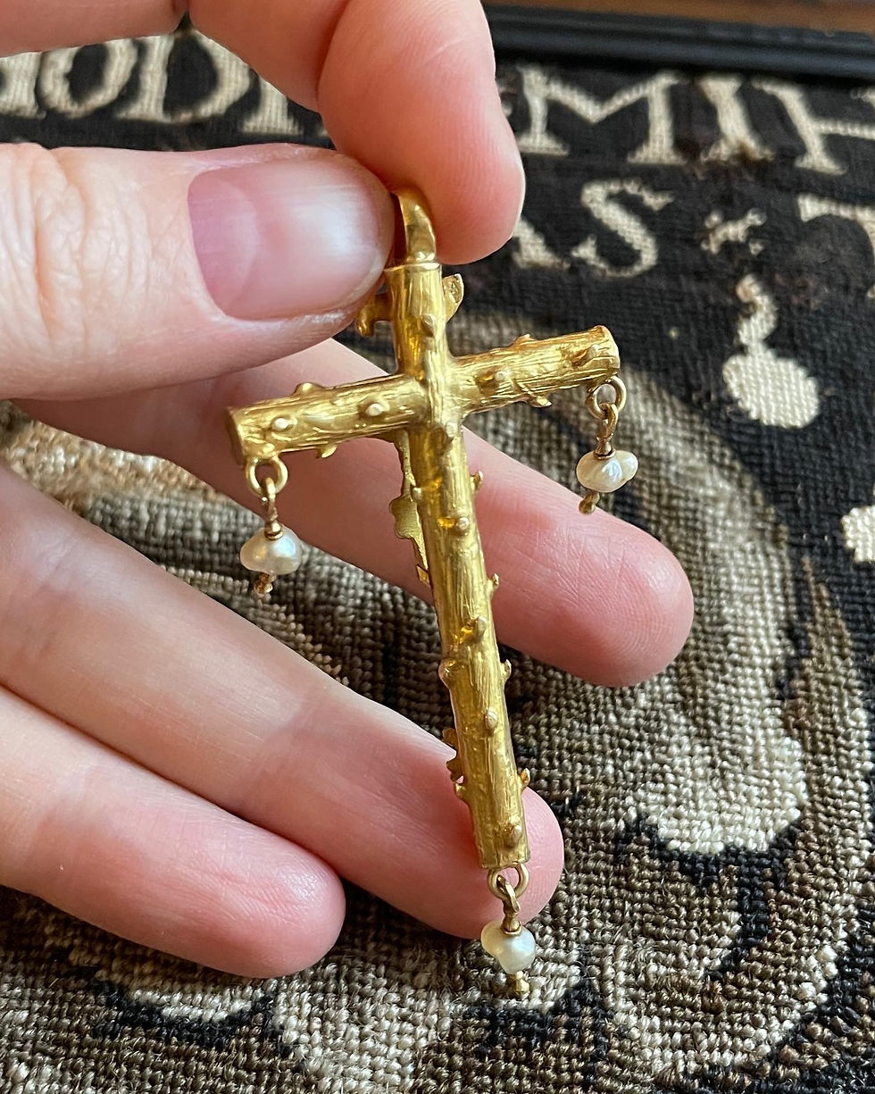 Thumbnail: Gold & enamel crucifix pendant with baroque pearls.  Spanish, late 16th century.