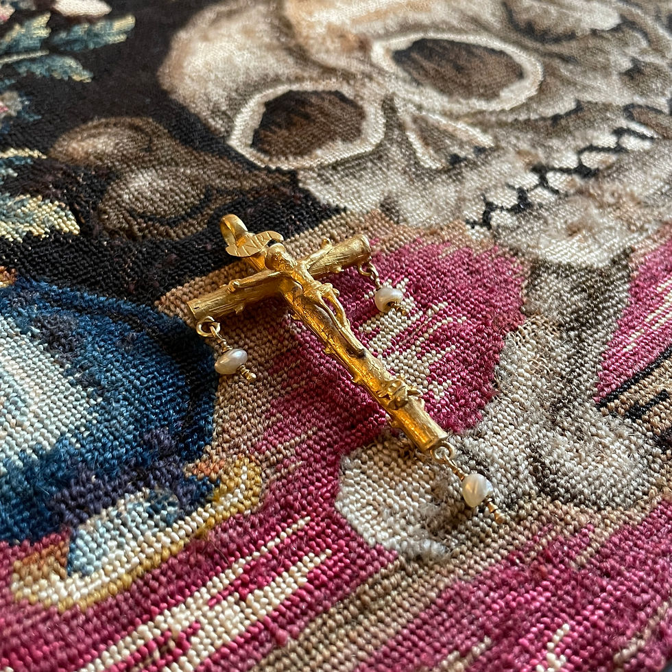 Thumbnail: Gold & enamel crucifix pendant with baroque pearls.  Spanish, late 16th century.