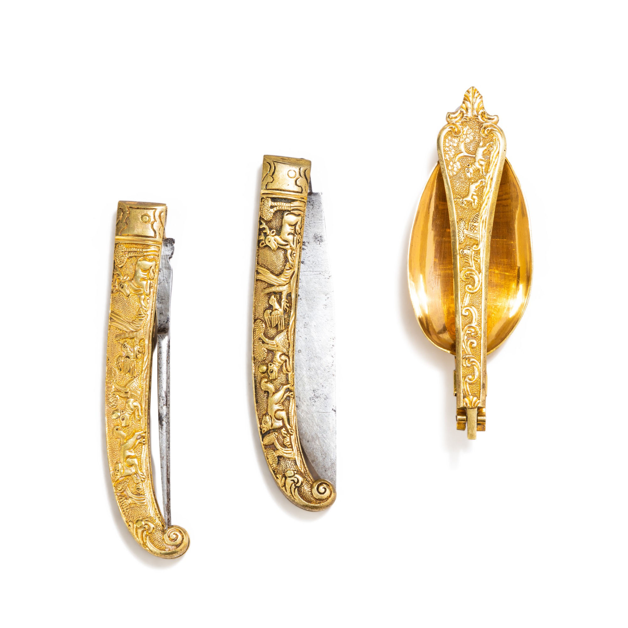 Gilt-metal and steel travelling cutlery set and case. Germany, circa 1680.