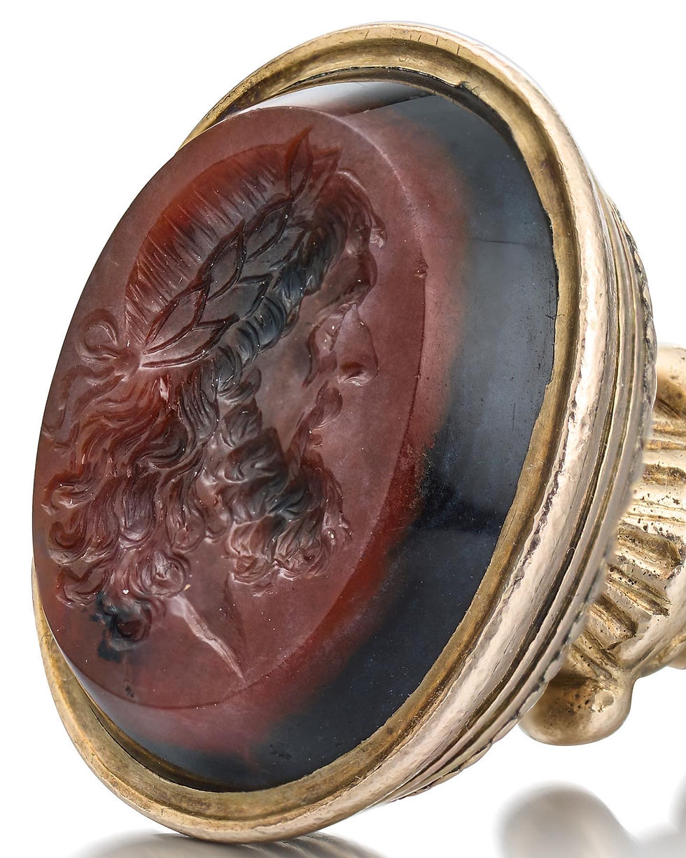 Thumbnail: Gold fob seal with a jasper intaglio of Zeus. English, mid 19th century.