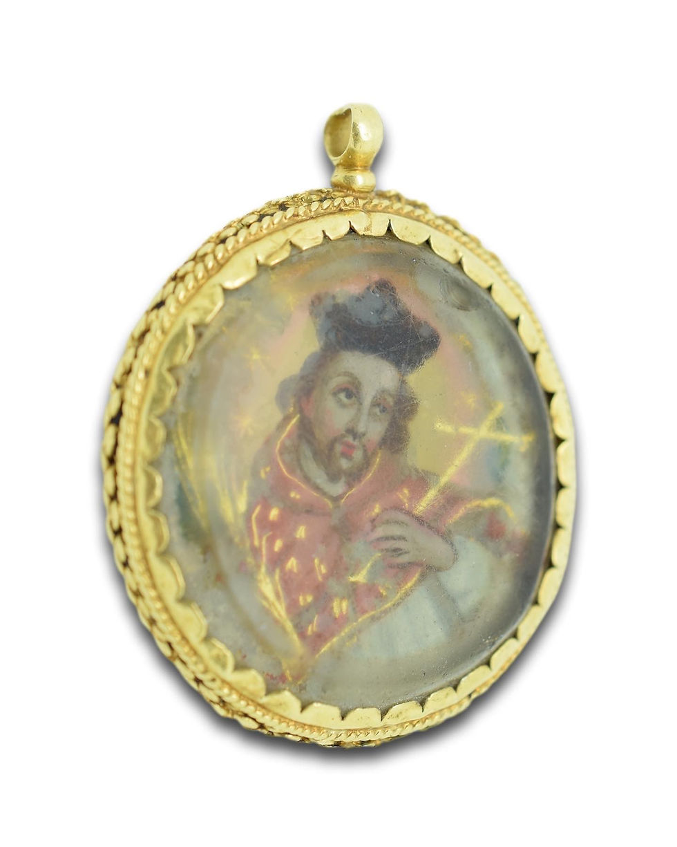 Thumbnail: Gold devotional pendant with miniatures. Spanish, c.1700.