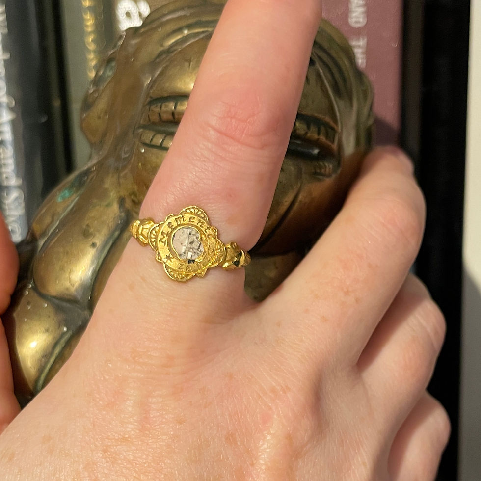 Thumbnail: Tudor ‘deaths head’ ring, with an enamelled skull and the words ‘Memento Mori’.