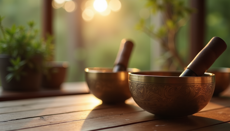 Close-up view of Tibetan singing bowls arranged on a wooden surface