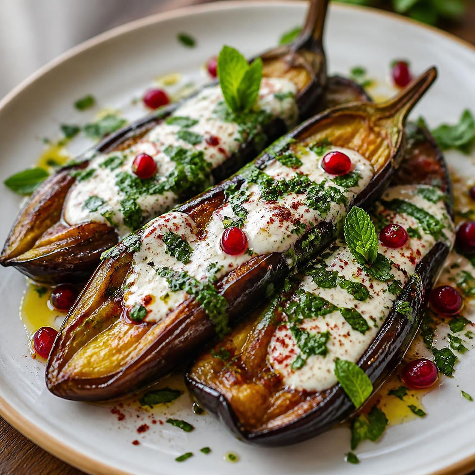 Aubergines rôties au four avec yaourt citronné, épices douces et grenade, recette méditerranéenne végétarienne Saisonée