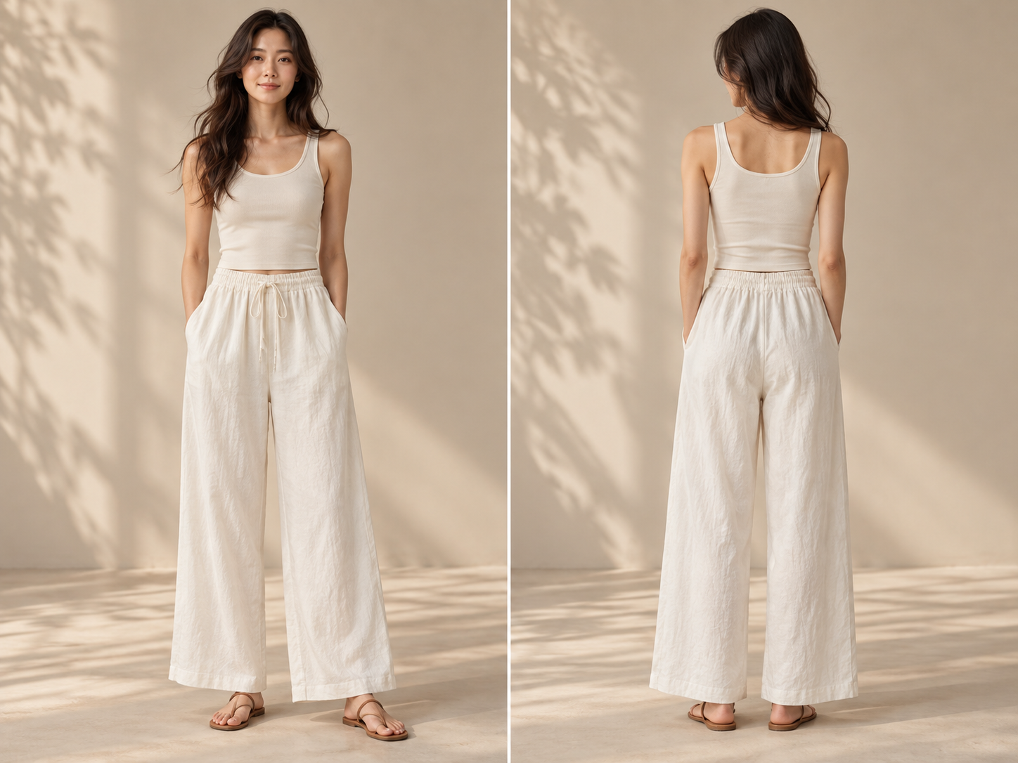 Ivory Drawstring Wide-Leg Linen Pants