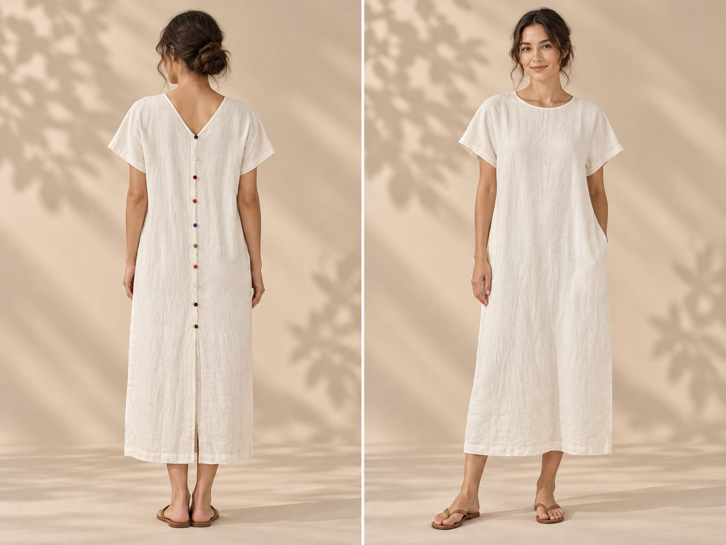Ivory Rainbow Button Linen Maxi Dress