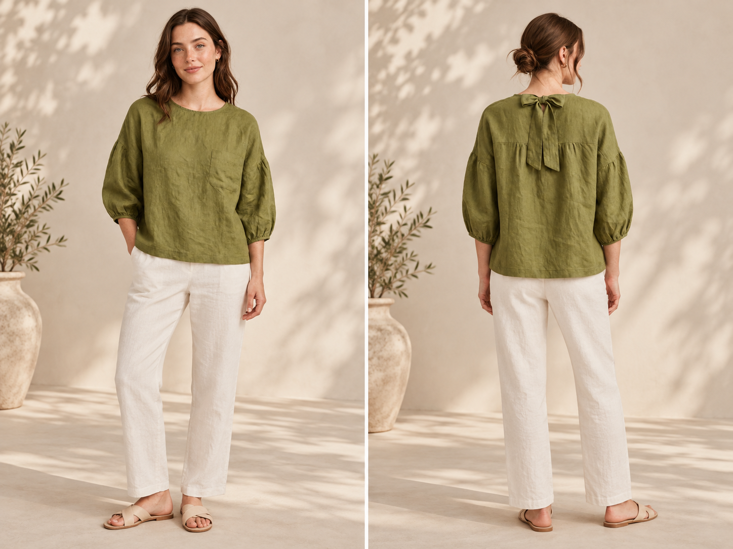 Olive Bow-Back Linen Blouse