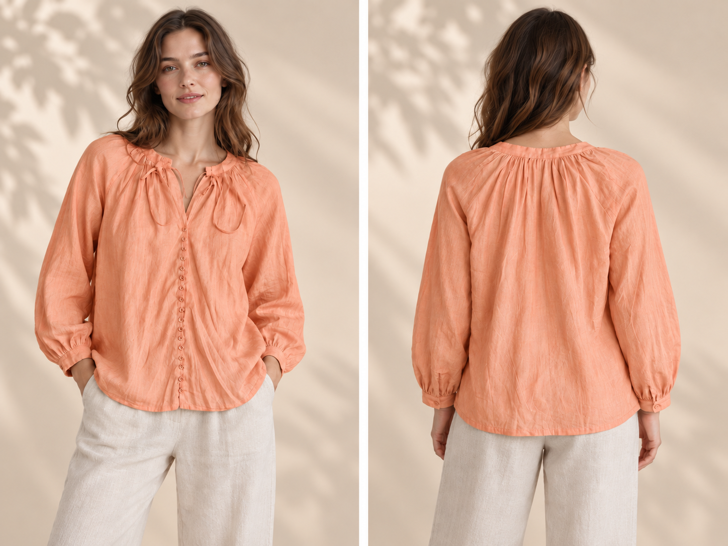 Peach Tie-Neck Linen Blouse