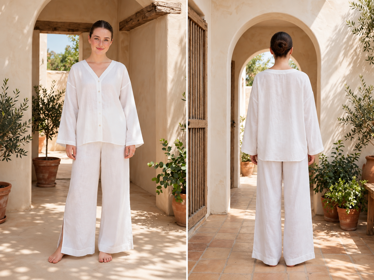 Ivory V-Neck Linen Button-Up Blouse