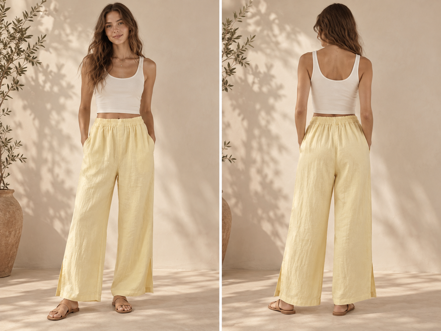 Butter Yellow Side-Slit Linen Pants