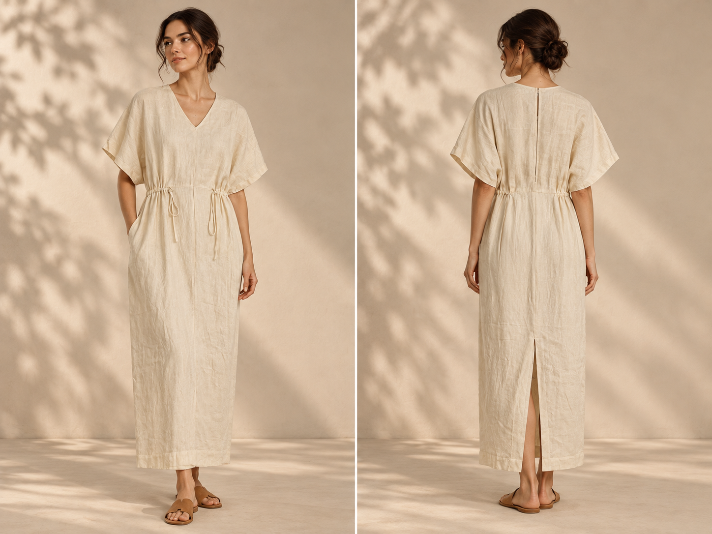 Ivory Drawstring Linen Maxi Dress