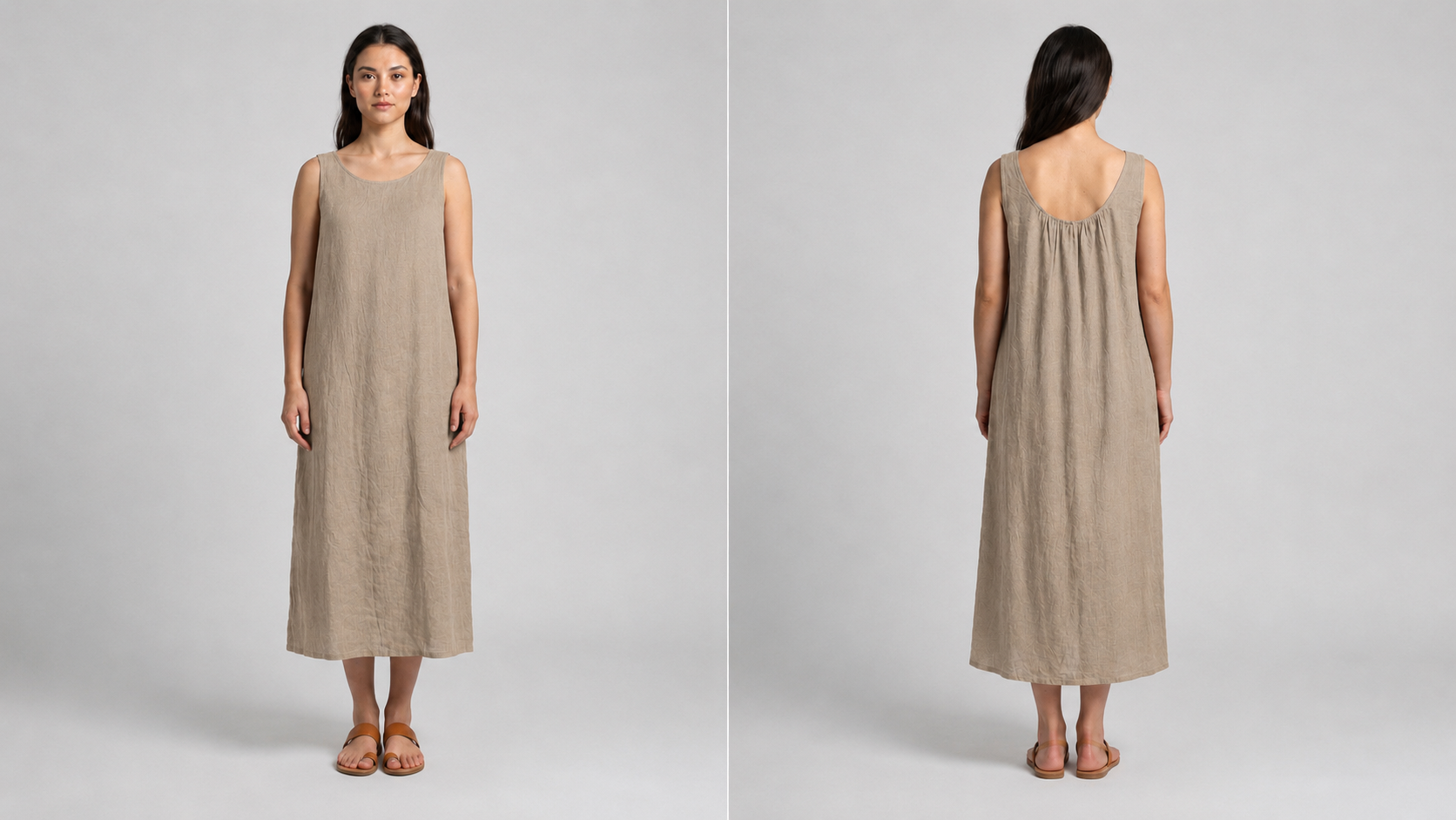 Natural Sand Linen Midi Dress