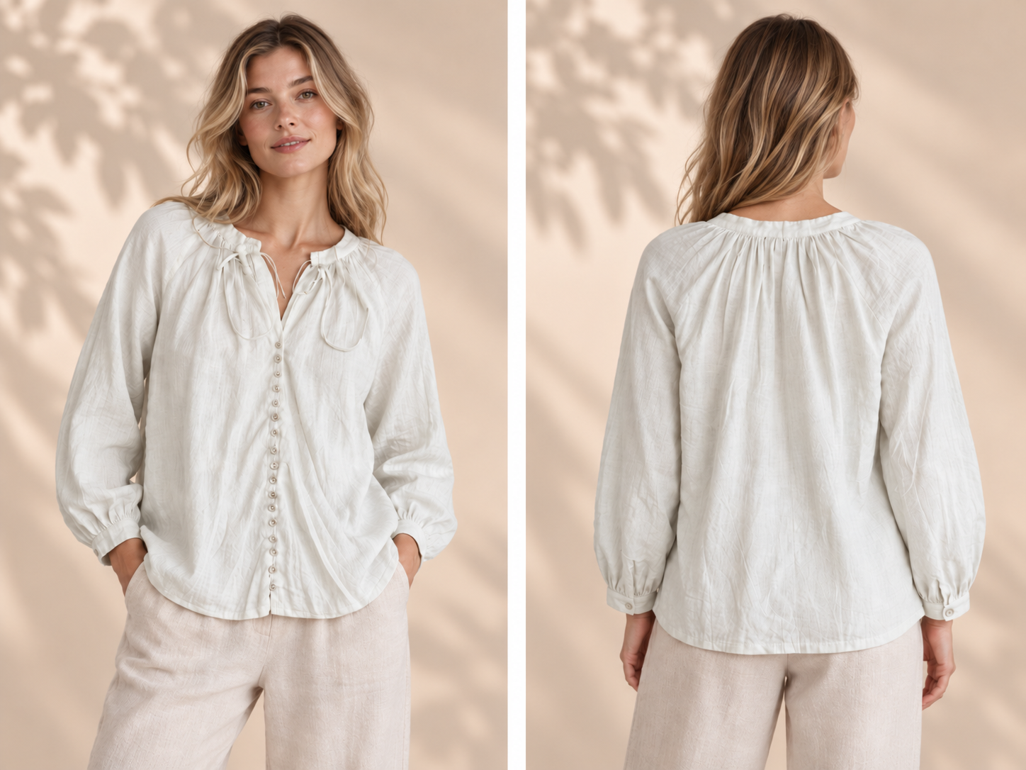 Ivory Tie-Neck Linen Blouse
