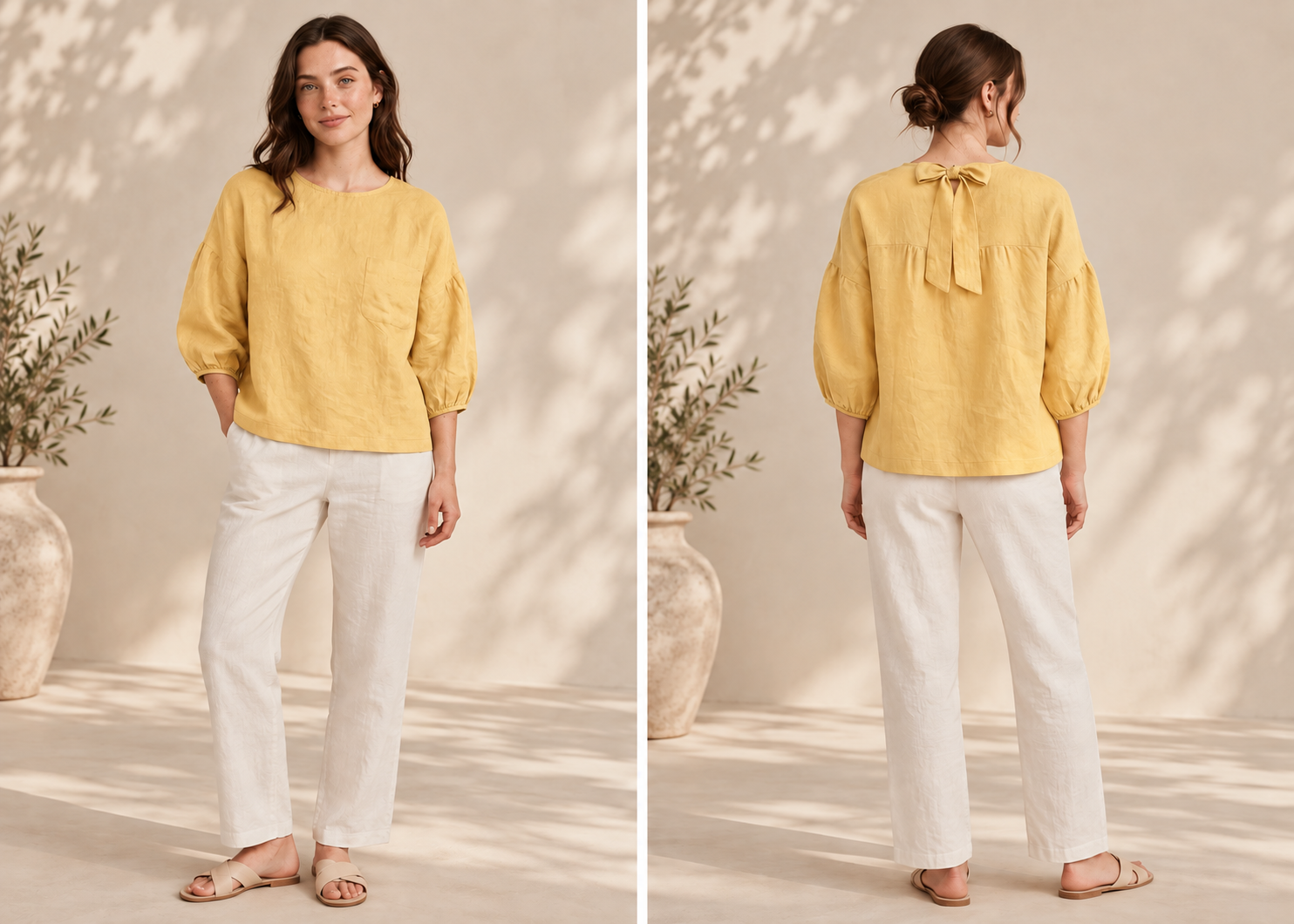 Golden Bow-Back Linen Blouse