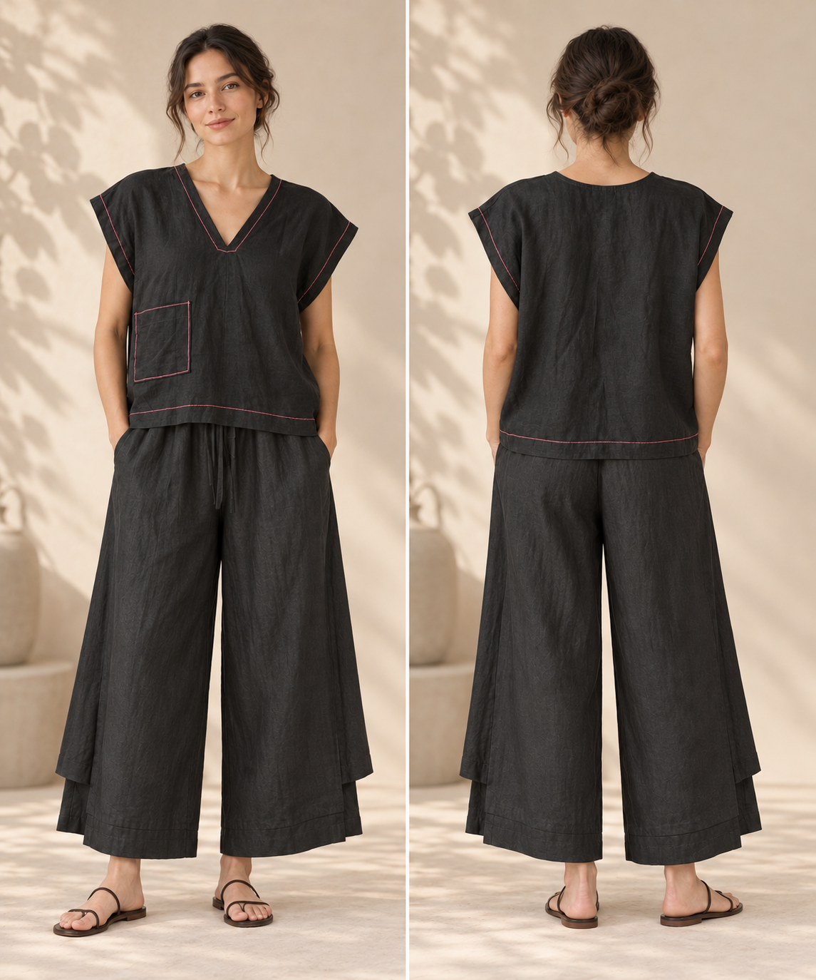 Charcoal Contrast-Stitch Linen Two-Piece Set