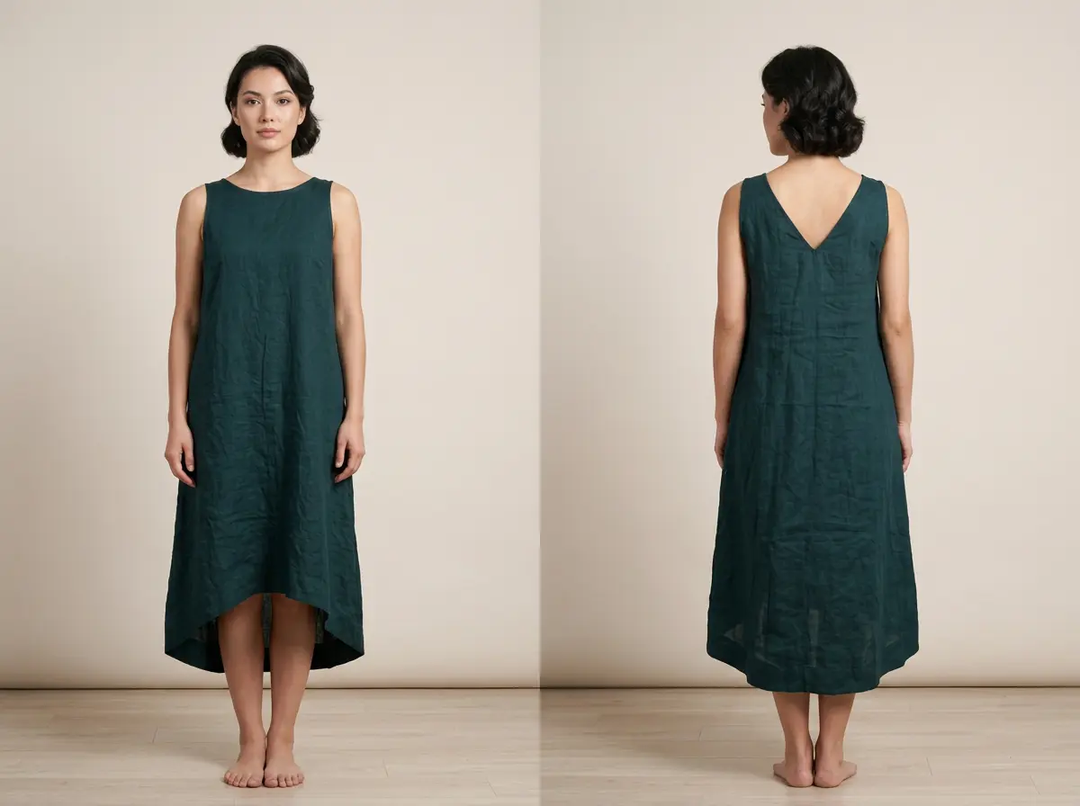 Deep Forest High-Low Linen Midi Dress