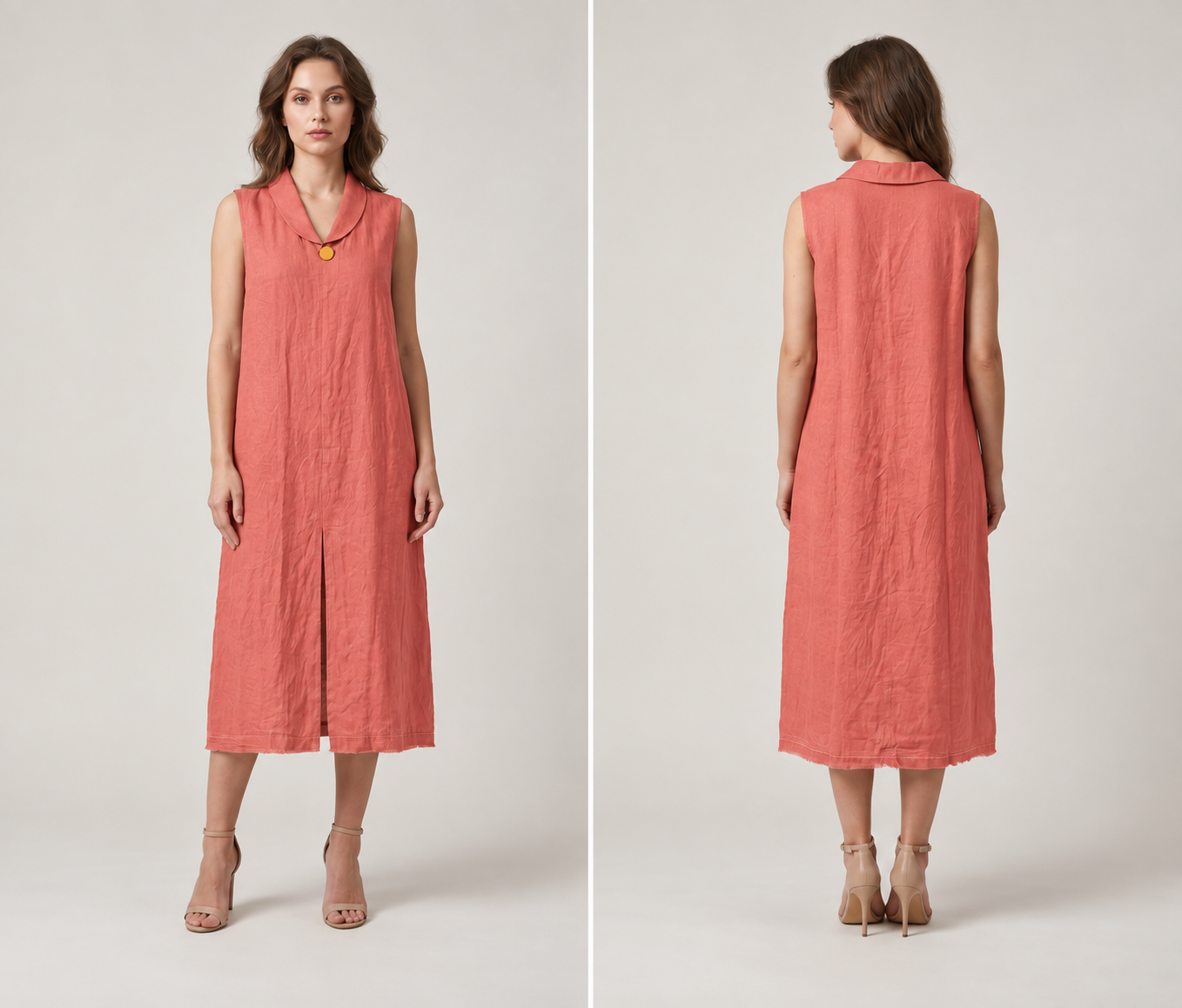 Coral Collar Linen Midi Dress
