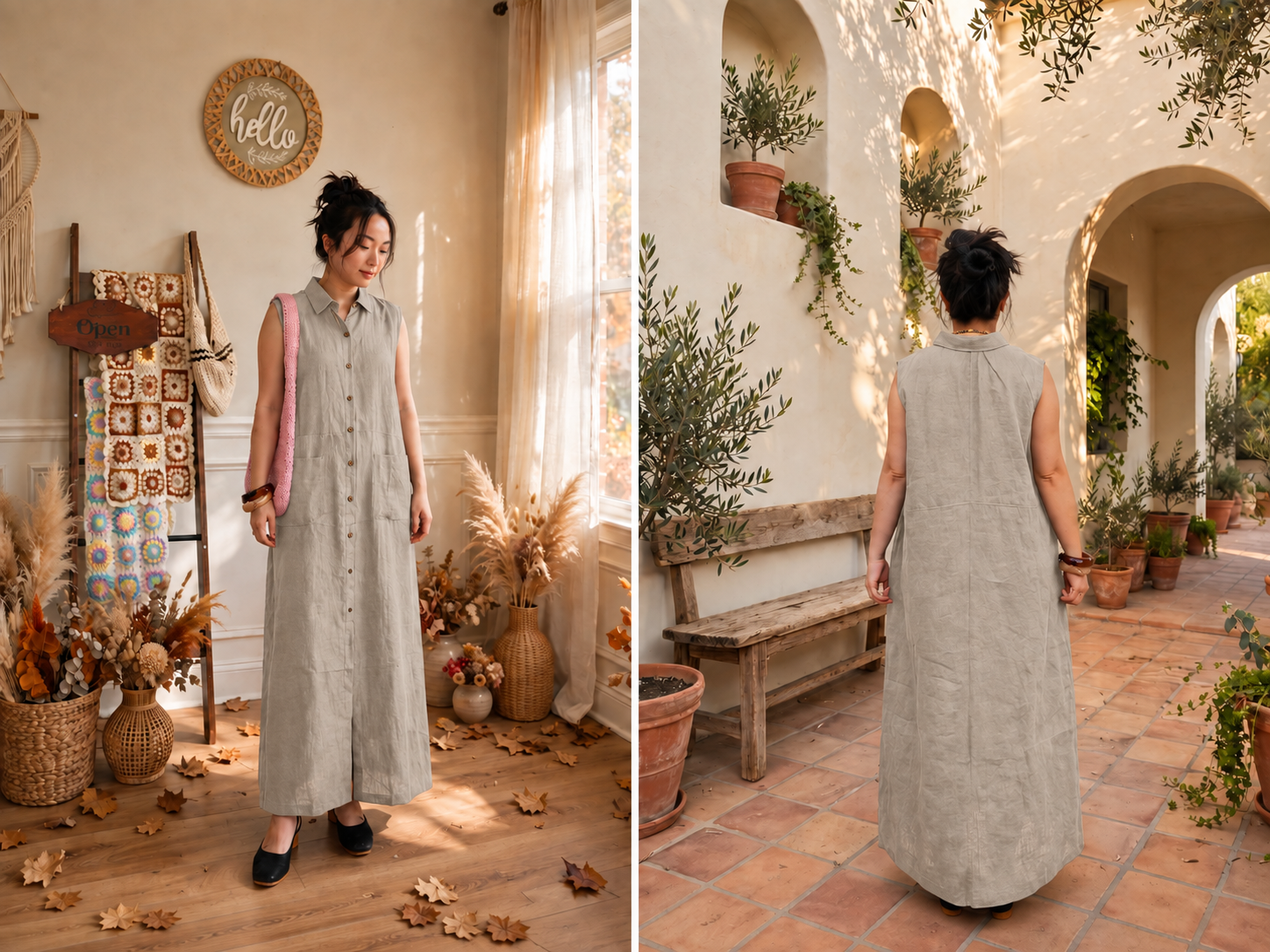 Stone Button-Front Linen Maxi Dress