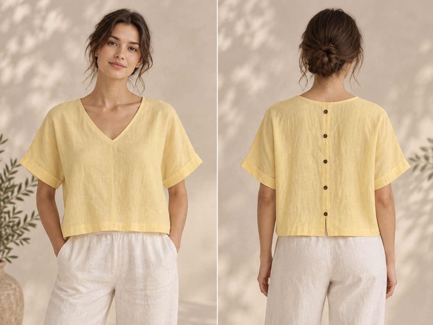 Butter Yellow Button-Back Linen Top