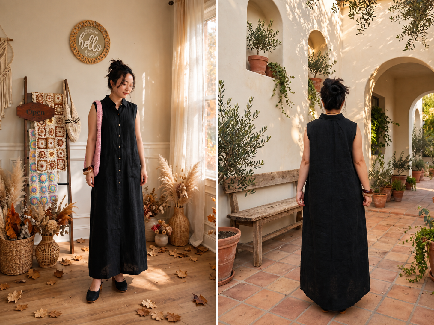 Midnight Button-Front Linen Maxi Dress