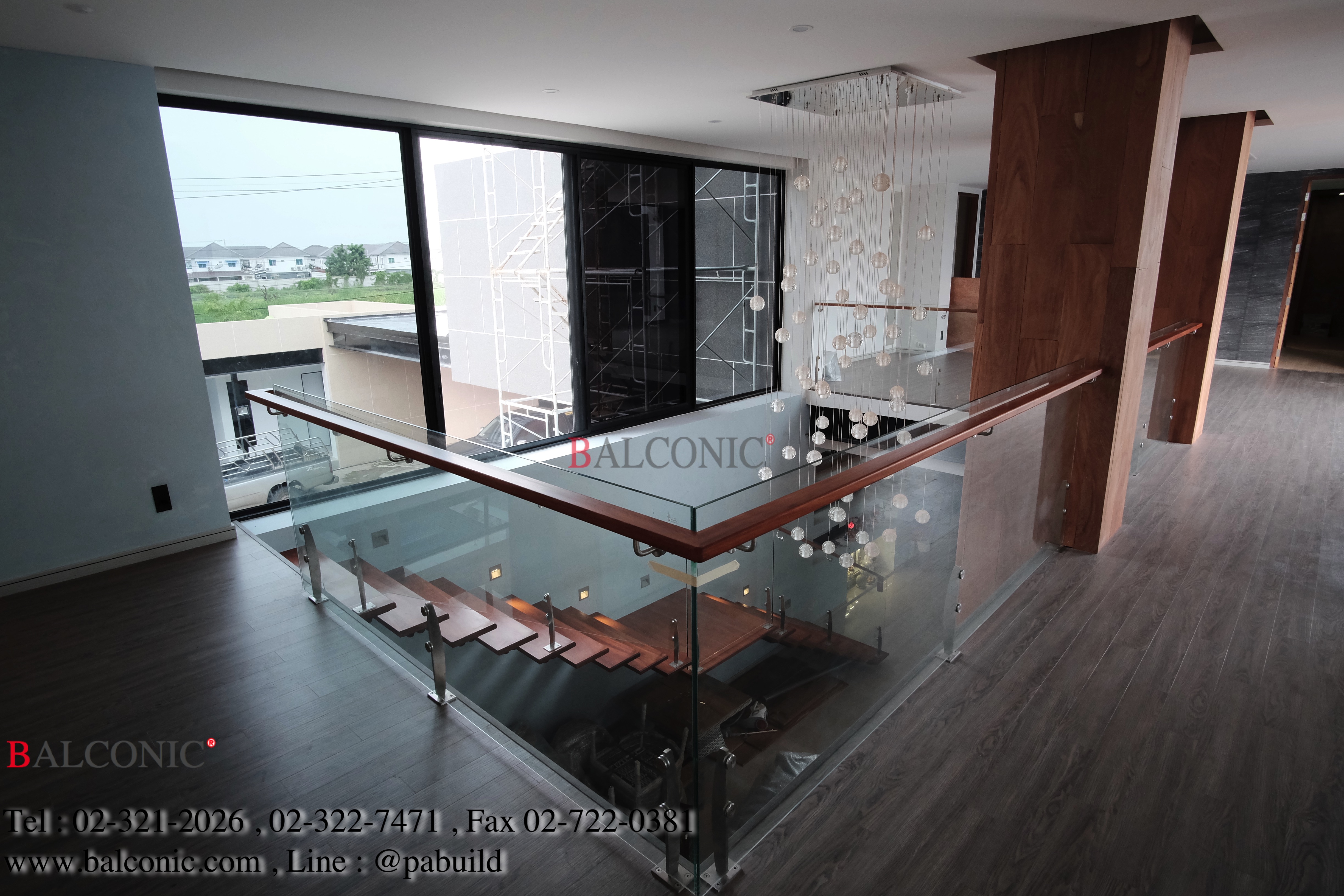 ราวบันได กระจก ไม้มะค่า Stainless Wood Balustrade Balconic Stair