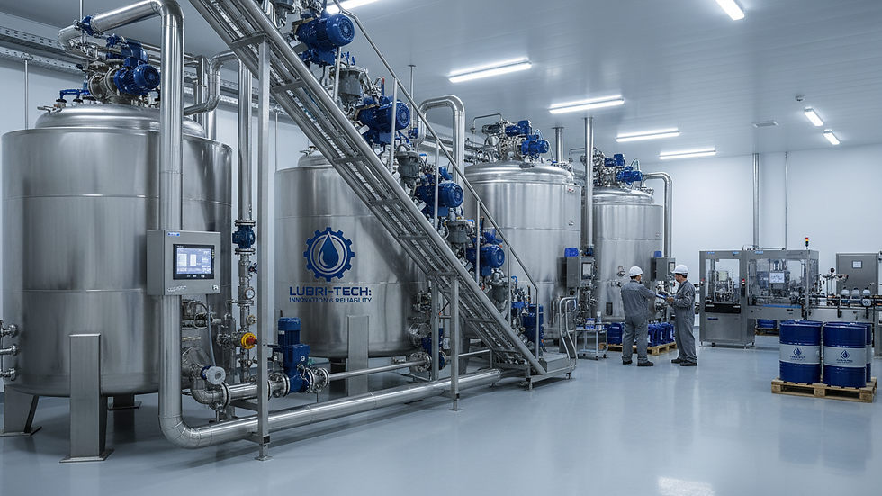 Eye-level view of lubricant blending tanks in an industrial facility