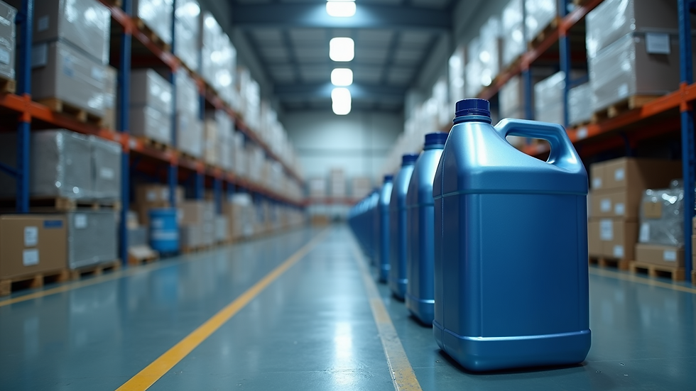 Eye-level view of lubricant containers in an industrial warehouse