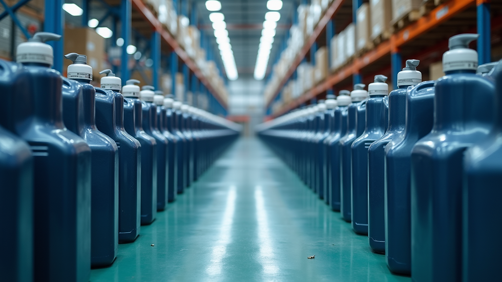 Eye-level view of industrial lubricant containers in a warehouse