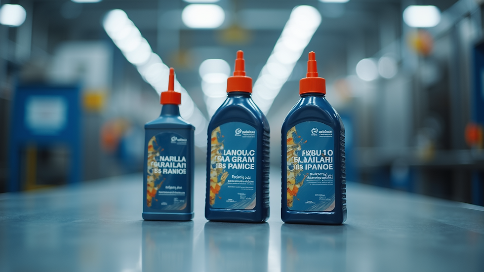 Eye-level view of lubricant containers labelled for food industry use