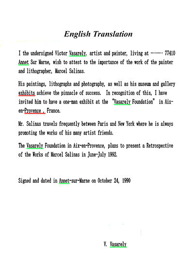 Vasarely Invitation to Marcel Salinas for an exhibition at the Vasarely Foundation  English translation