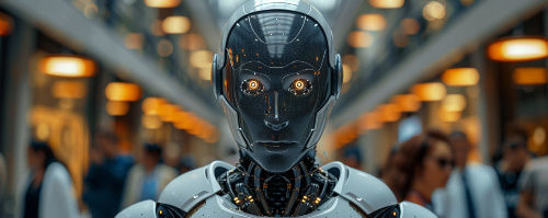Humanoide Roboter in einem Unternehmen. Im Hintergrund sieht man eine Gruppe von Personen.