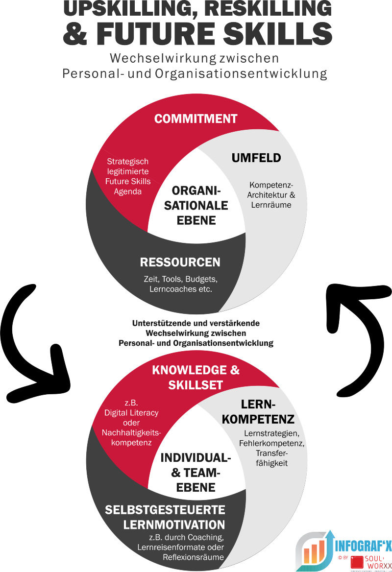 Infografik zur Systemlogik von Future Skills: Wechselwirkung von Organisations- (Commitment, Umfeld, Ressourcen) und Individual-/Teamebene (Knowledge & Skillset, Lernkompetenz, selbstgesteuerte Lernmotivation) als Hebel für Upskilling und Reskilling.