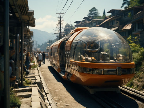 Retrofuturistischer Elektrozug, der an einem Bahnsteig wartet. Verschiedene Personen marschieren von hinten auf den Zug zu.