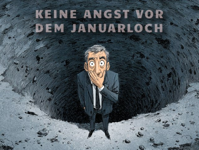 Illustration eines älteren, graumelierten Managers im dunkelgrauen Anzug, der mit weit aufgerissenen Augen und einer Hand vor dem Mund verängstigt am Boden eines riesigen, dunklen Lochs steht; rundherum wirken Fels und Geröll kalt und abweisend, über ihm prangt in großen Buchstaben der Schriftzug „KEINE ANGST VOR DEM JANUARLOCH“ – eine symbolische Darstellung der Unsicherheit zu Jahresbeginn und der Frage, wie sich das Januarloch im Unternehmen überbrücken lässt, ohne in dieses „Loch“ aus Auftragsflaute und Umsatzrückgang zu stürzen.