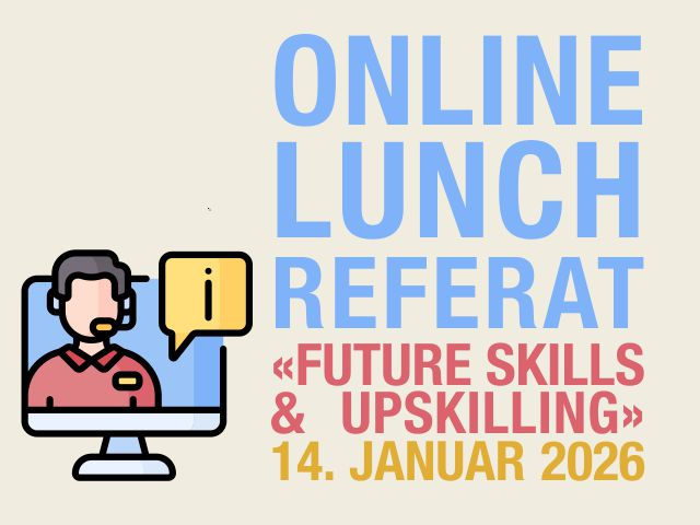 Illustration zu einem Online-Lunch-Referat mit dem Titel «Future Skills & Upskilling»: Eine Person mit Headset erscheint auf einem Computerbildschirm, daneben eine Sprechblase mit Info-Symbol.