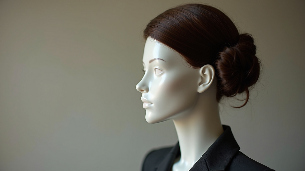 Eye-level view of styled tailored hair topper on a mannequin