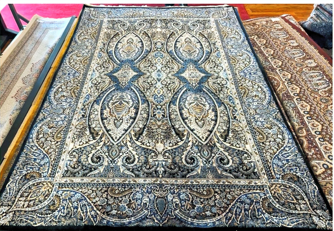 Vintage silk carpet with blue and cream ornate pattern
