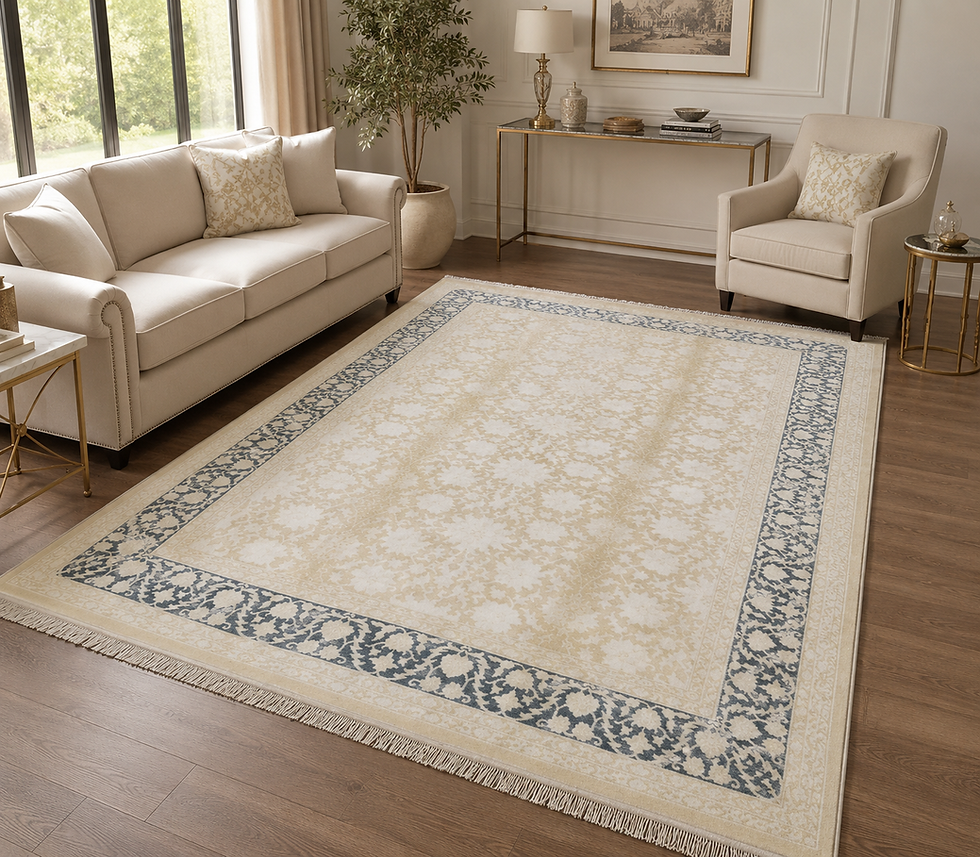 Cream Vintage Silk Carpet with ornate blue border