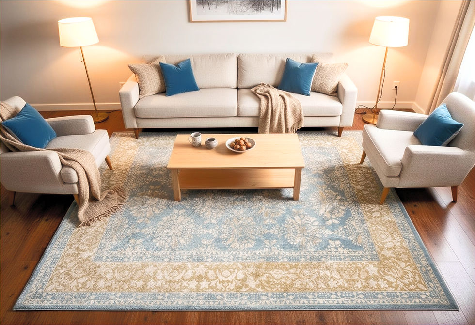 Vintage Silk Carpet, blue and beige, in a living room