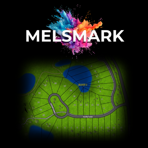 Stylized glowing plat map of a residential development with curving roads, water features, and outlined lots.