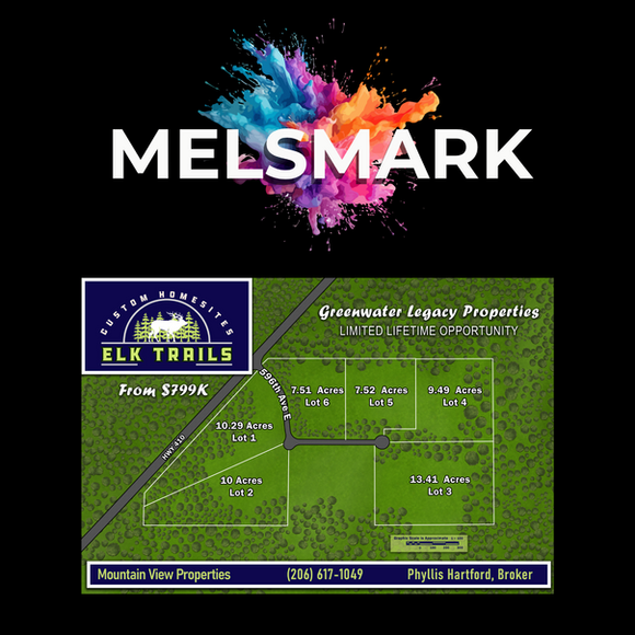Artistic plat map design for Elk Trails housing development showing lot layout, pricing, and neighborhood streets.