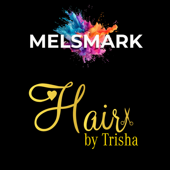 Elegant custom logo for Hair by Trisha featuring gold script typography and heart accent on black background.