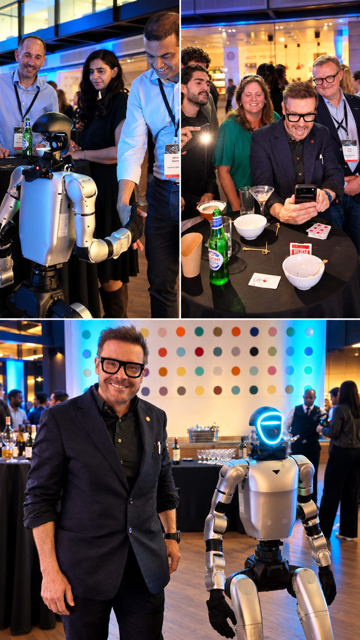 David Penn with D4RYL the humanoid robot entertaining guests at a corporate event