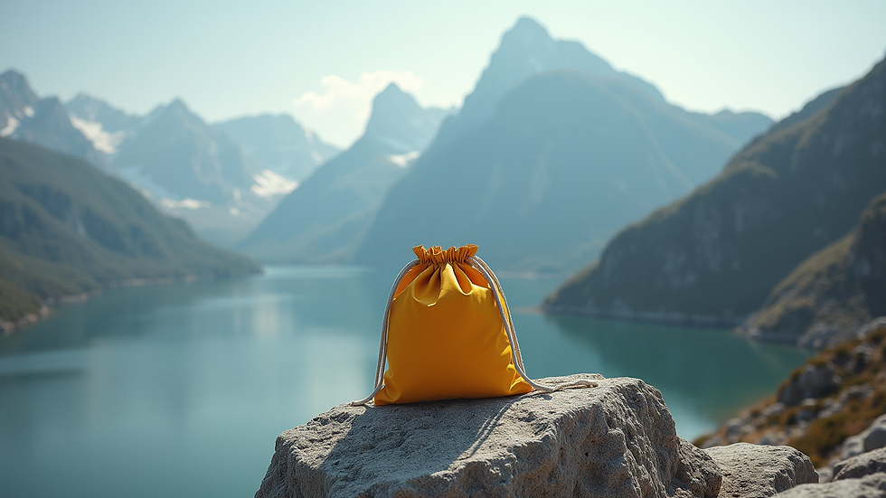 Vue en plongée d’un sac à dos posé sur un rocher avec un paysage de montagne en arrière-plan
