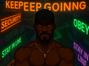 Shirtless Black man stands defiant in a dystopian maze labeled with words like 'OBEY,' 'STAY IN LINE,' and 'SECURITY.' Others run through boxed-in paths beneath a glowing sign that reads 'KEEP GOING.' A statue labeled 'BOULEVARDY' looms above.