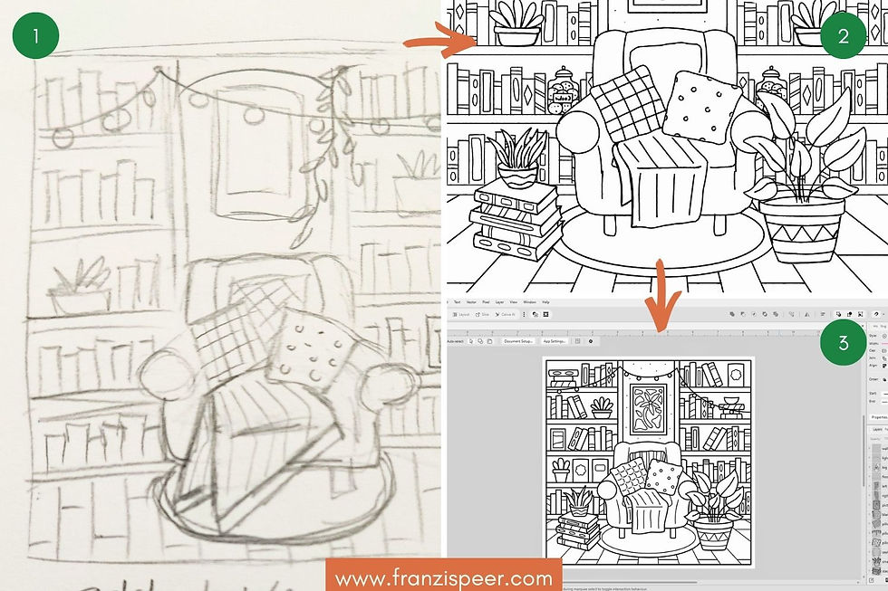 Sketch, line art, and digital mockup of a cozy armchair in a bookshelf room, linked by orange arrows; www.franzispeer.com