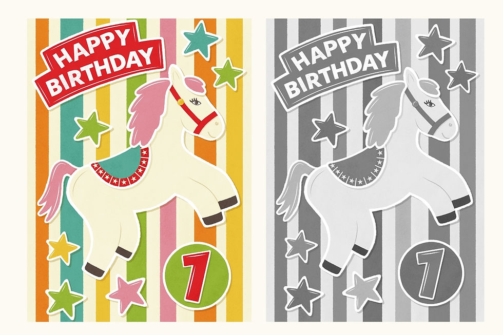 Side-by-side birthday pony cards with HAPPY BIRTHDAY text, stars, and a rainbow-striped background; one is color, one grayscale.