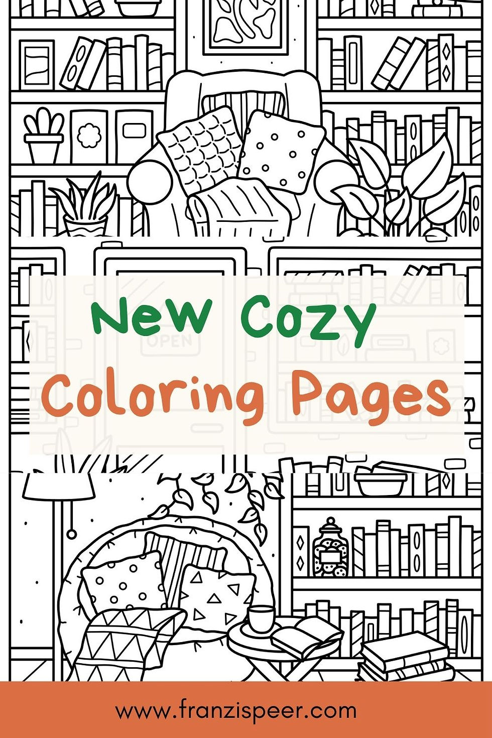 Book-themed coloring page promo with shelves, chair, plants, and cozy reading nook; text reads Portfolio Update! New Cozy Book-themed Coloring Pages